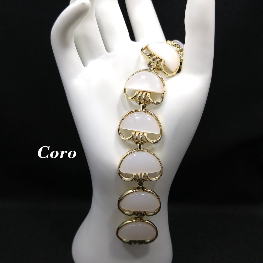 Coro White Moonglow Lucite Half Moon Bracelet, Gold Plated, 1950s Vintage
